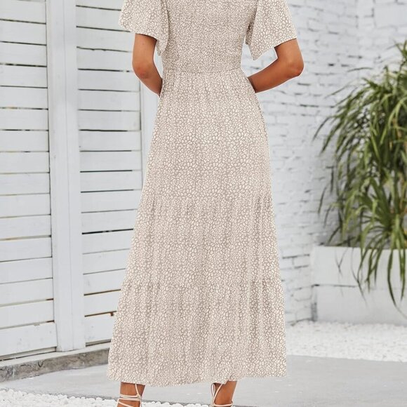 Women's 2025 Summer Casual Floral Print Short Flutter Sleeve Crew Neck Smocked H - Picture 3 of 7